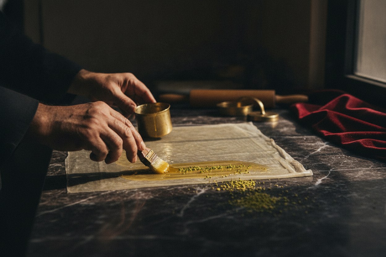Altın varak serilirken ince kadife dokulu baklava katmanları