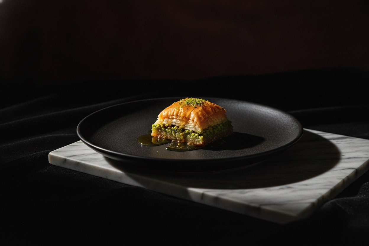 Altın rengi katmanlarıyla lüks bir etkinlik için hazırlanmış baklava tabağı