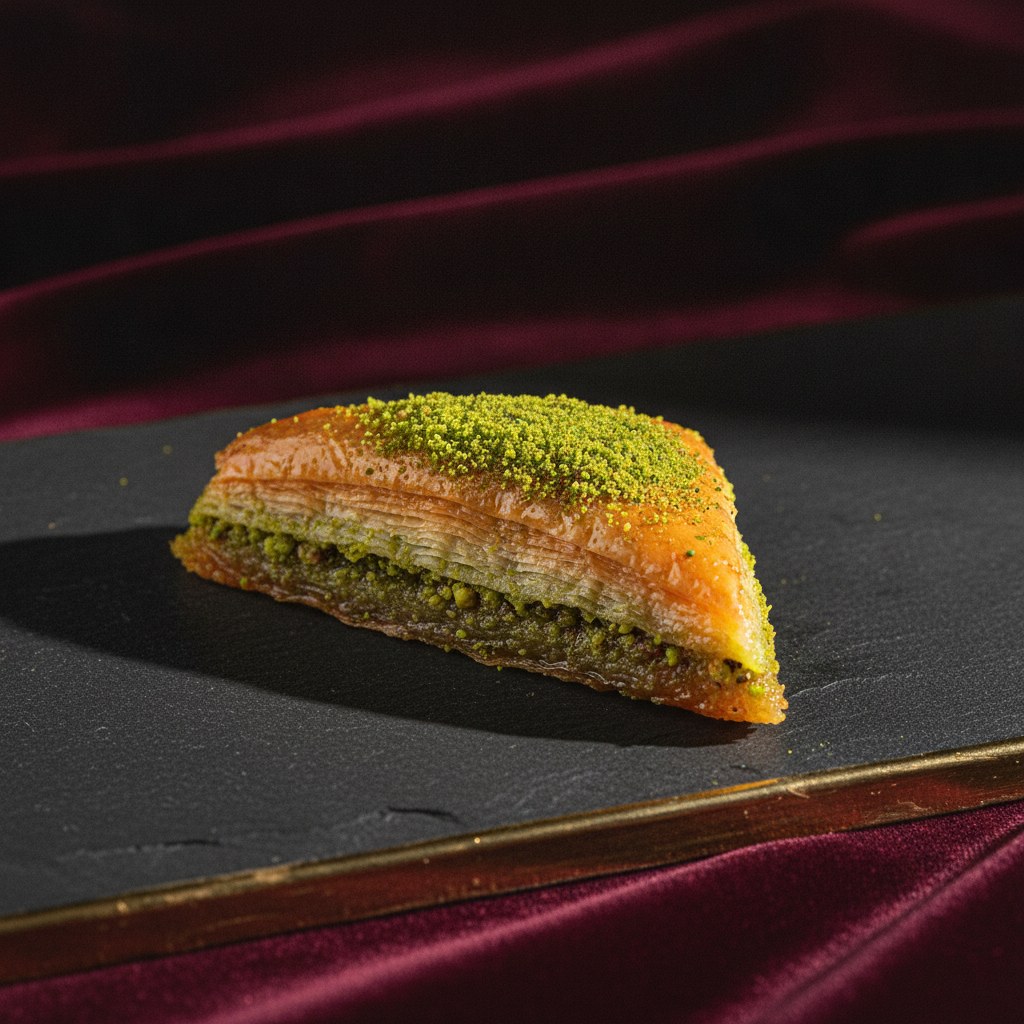 Geniş etkinlik tepsisinde fıstıklı baklava dilimleri