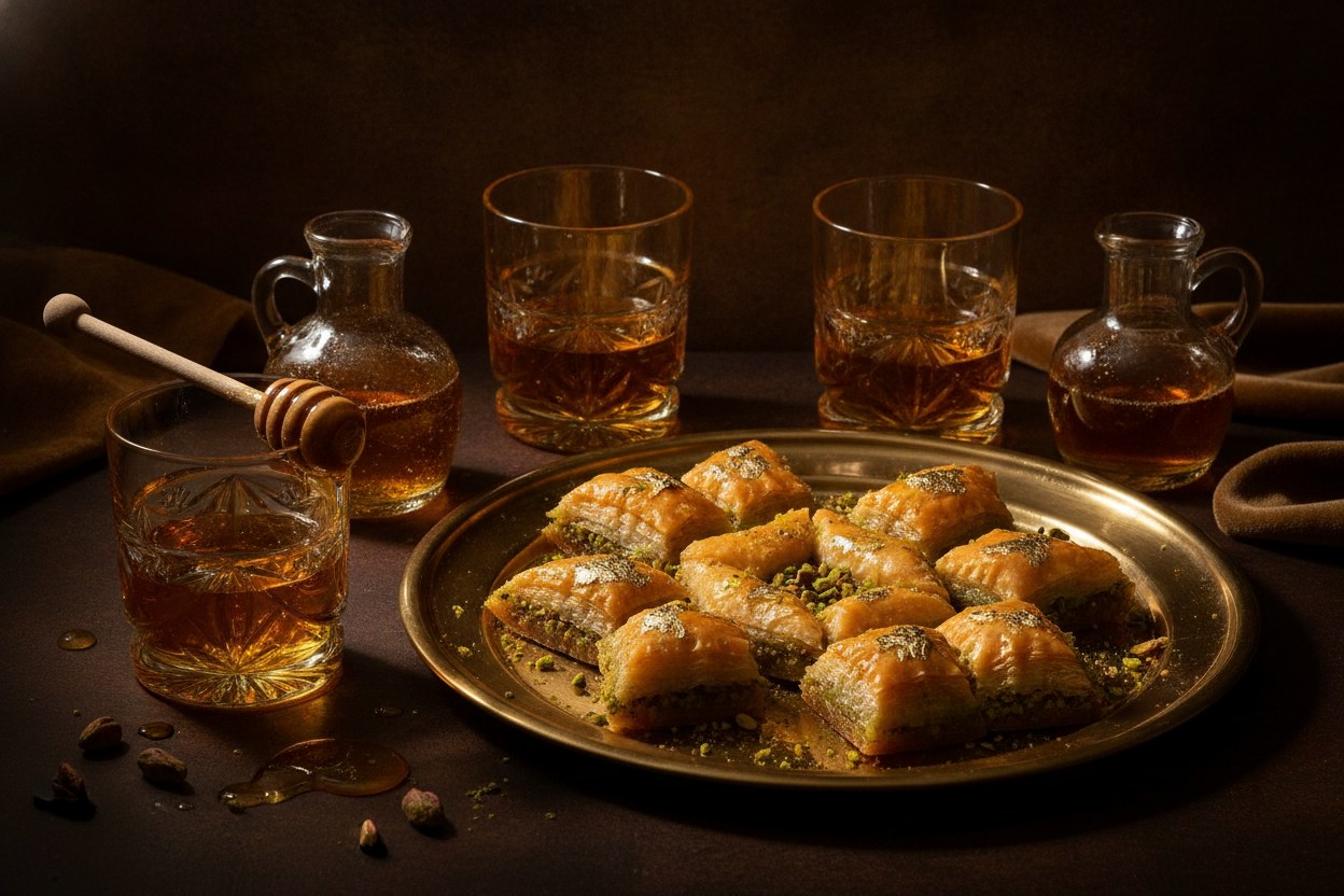 Altın varak temalı baklava sunumu