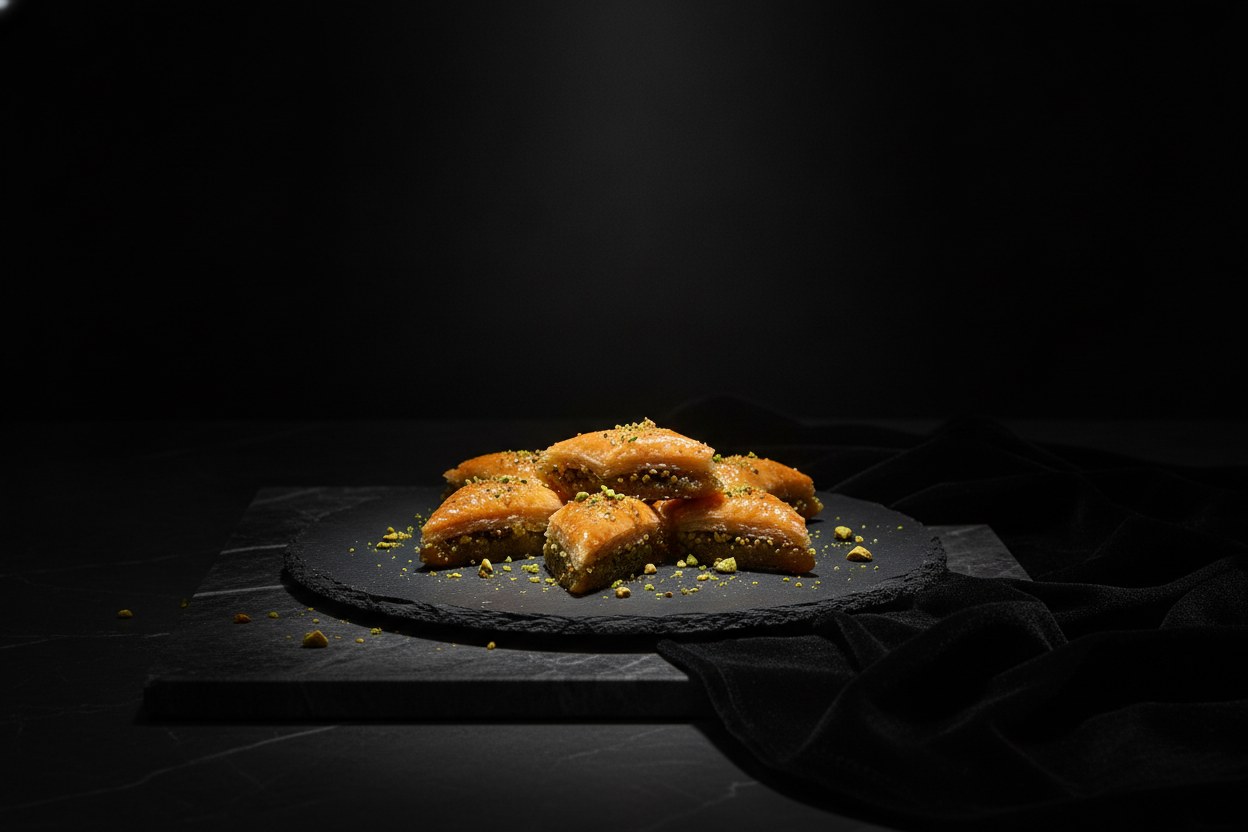 Koyu kadife temalı baklava sunumu