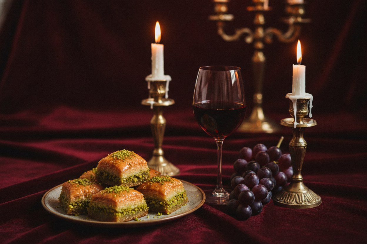 Şarap kırmızısı temalı baklava sunumu