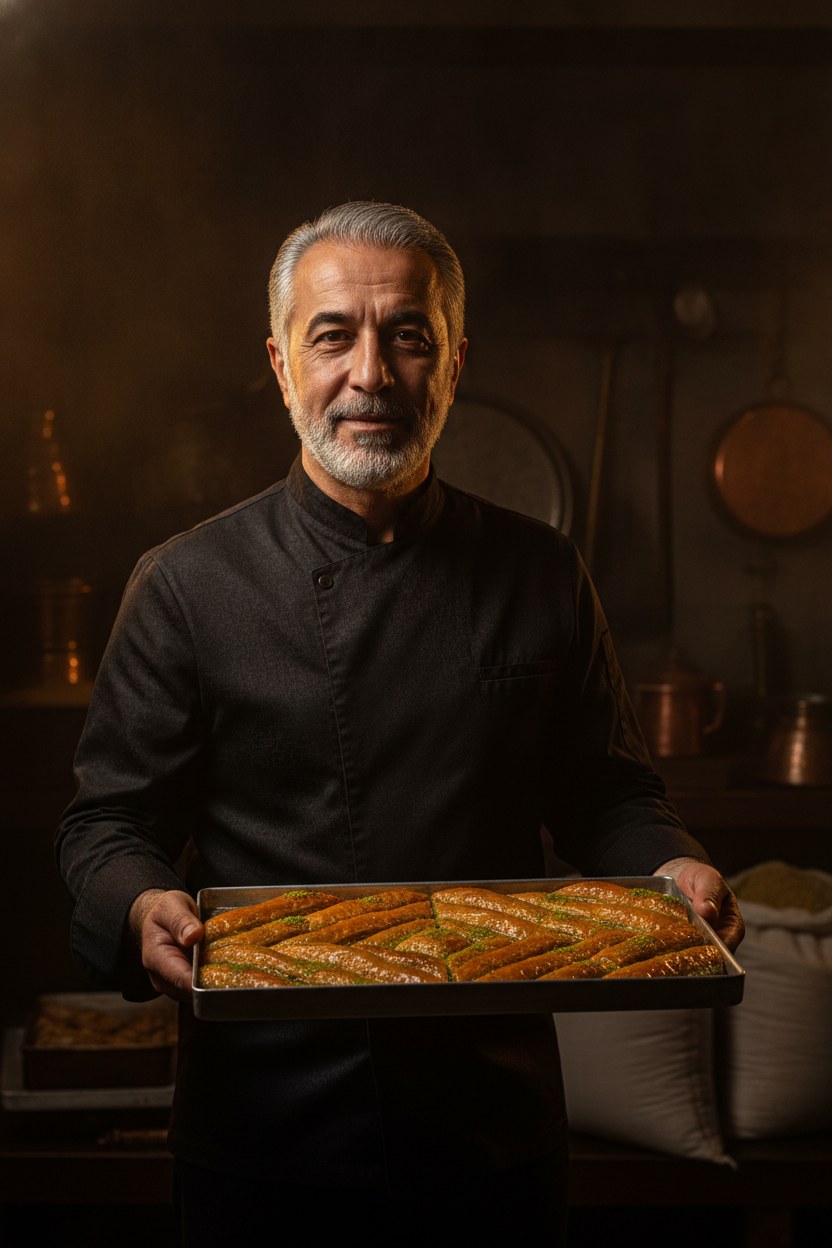 Kurucu Selim Karaca atölyede baklava katmanlarını hazırlarken